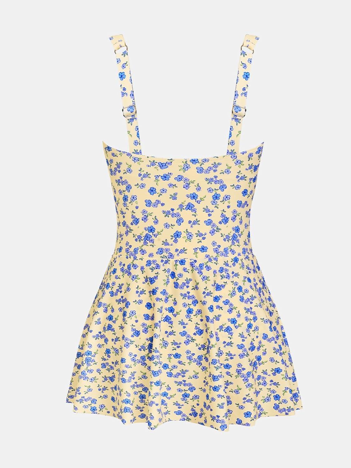 imageCUPSHE Womens One Piece Swimsuit Bathing Suit Scoop Neck Swimdress Wide Straps Tie Knot Swim SkirtYellowBlue Floral