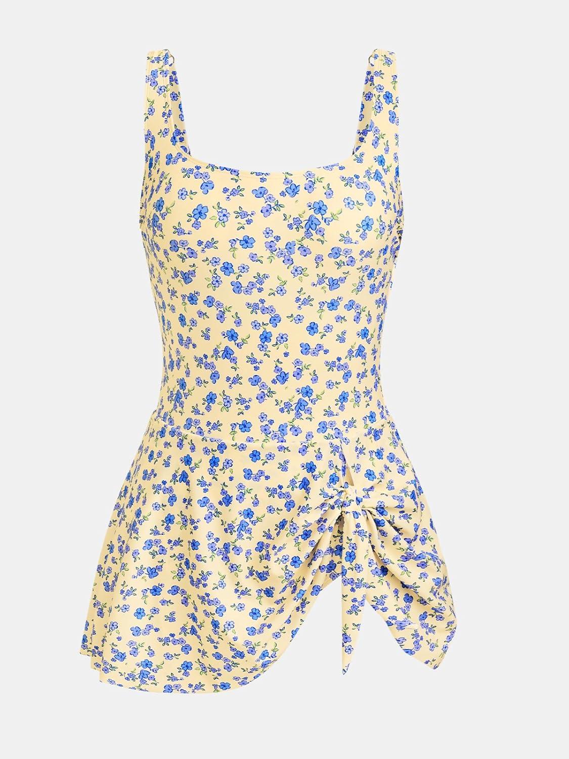 imageCUPSHE Womens One Piece Swimsuit Bathing Suit Scoop Neck Swimdress Wide Straps Tie Knot Swim SkirtYellowBlue Floral