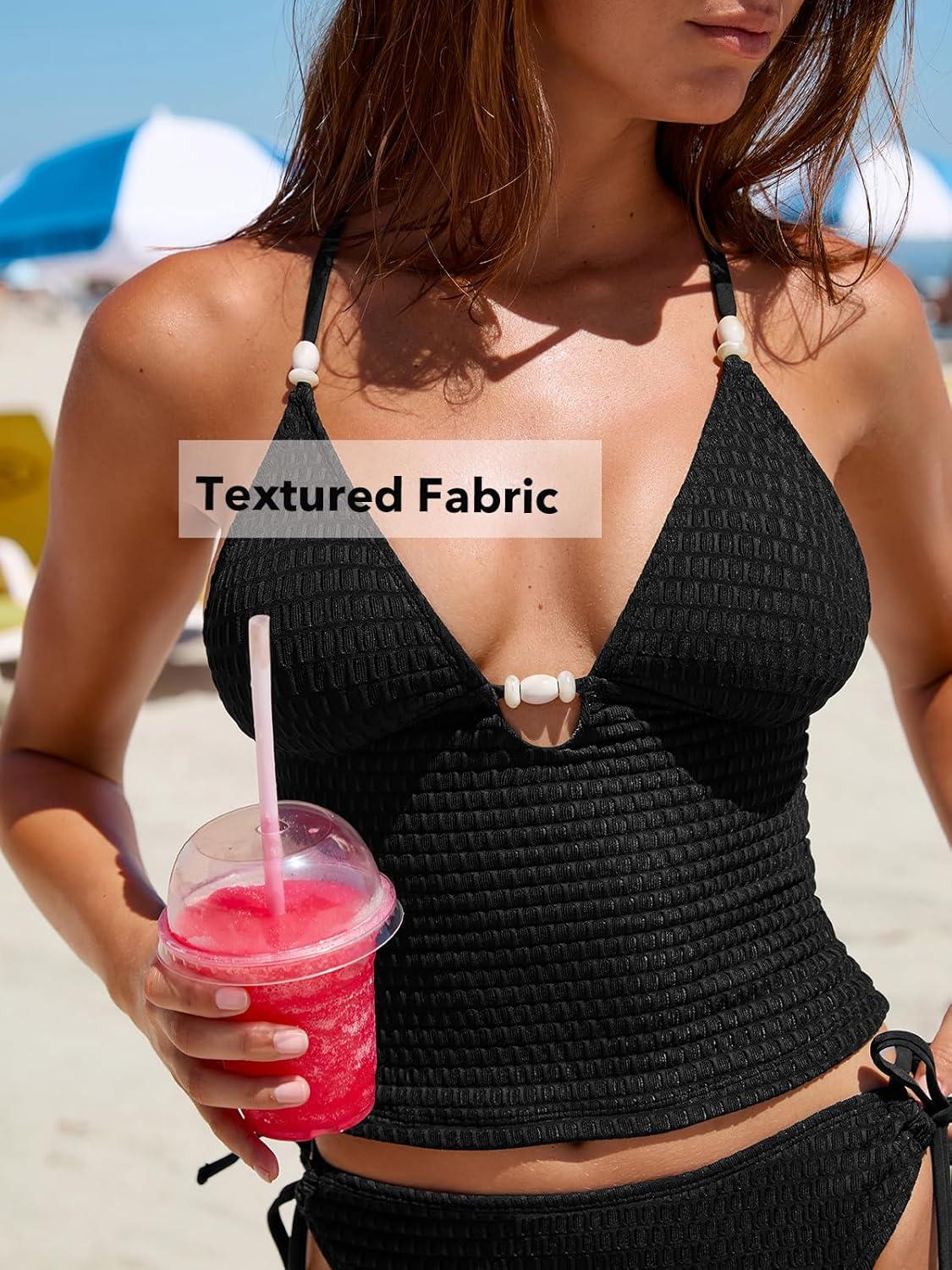 imageCUPSHE Womens Tankini Set Two Piece Swimsuit Mid Rise Crop Bathing Suit Drawstring Tie Back Hook TexturedBlack