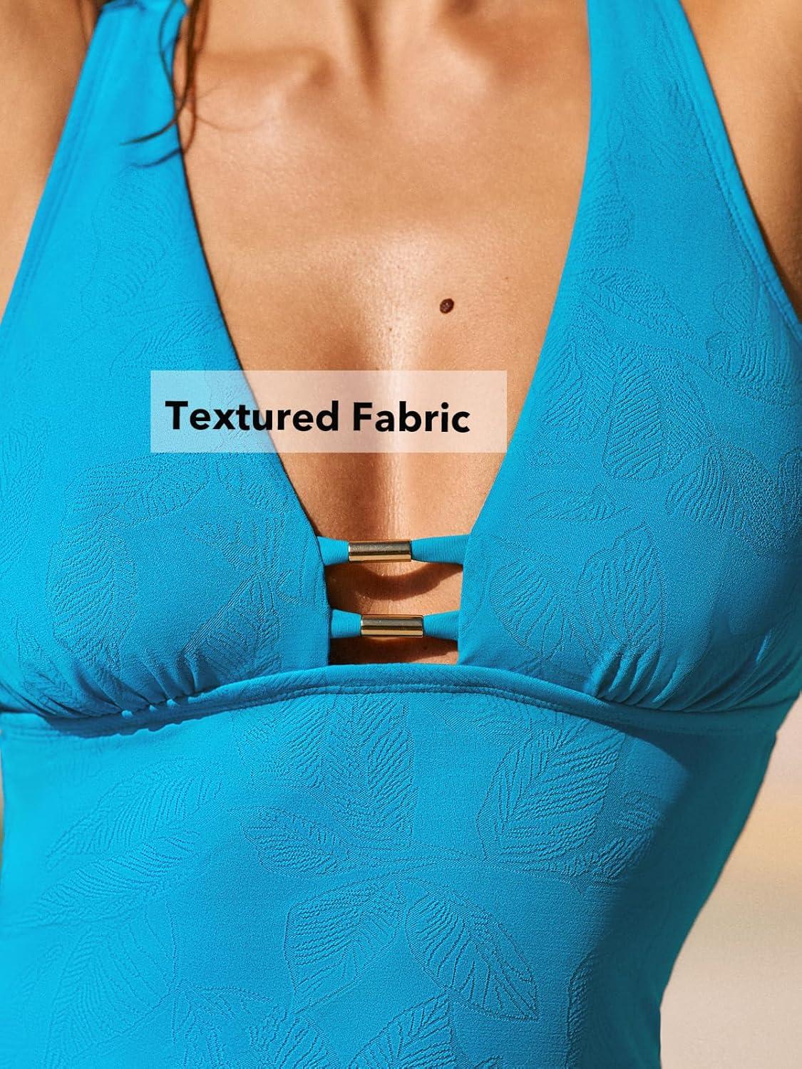imageCUPSHE Womens Tankini Sets Two Piece Swimsuit Mid Rise Bathing Suit Plunging Neck Crossback Self Tie TexturedDeep Sky Blue