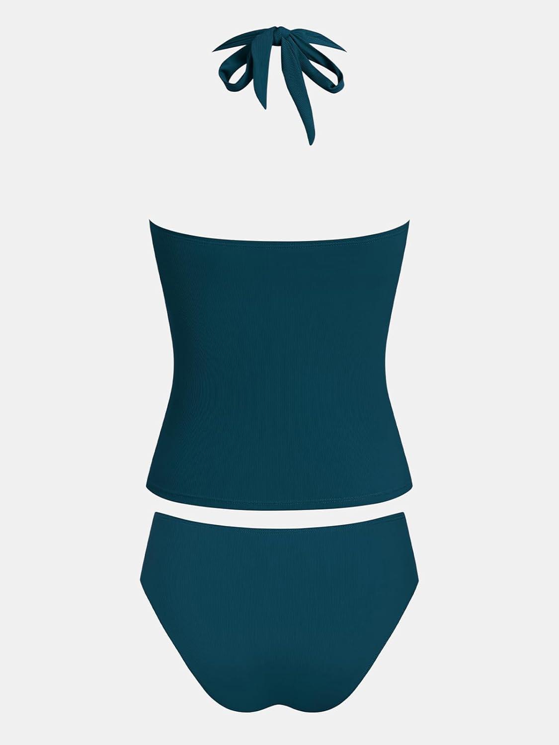 imageCUPSHE Womens Tankini Sets Two Piece Swimsuit Ruched Slimming Mid Rise Bathing Suit Cutout Halter TexturedTeal Green