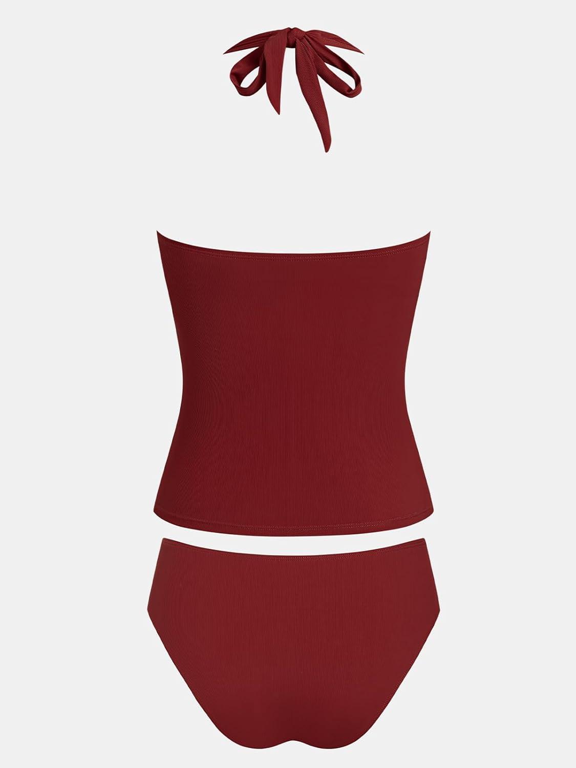 imageCUPSHE Womens Tankini Sets Two Piece Swimsuit Ruched Slimming Mid Rise Bathing Suit Cutout Halter TexturedTrue Red