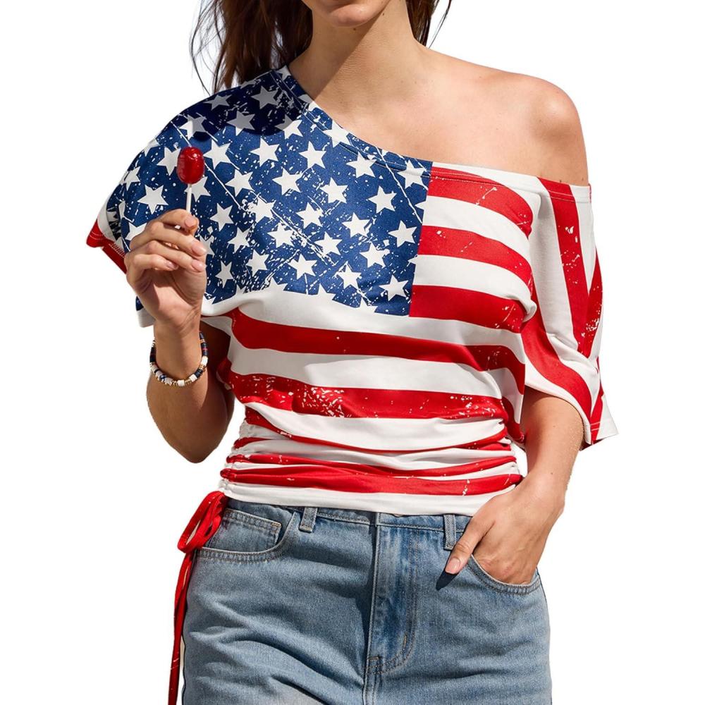 imageCUPSHE Summer Striped Tops for Women 2026 Short Sleeve Off The Shoulder T Shirt Casual Going OutFlag