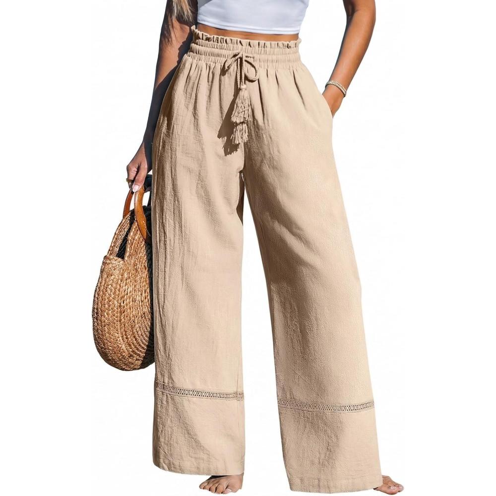imageCUPSHE Summer Wide Leg Pants for Women Trendy Tie Waist High Waisted Palazzo Straight Pant with PocketsBeige
