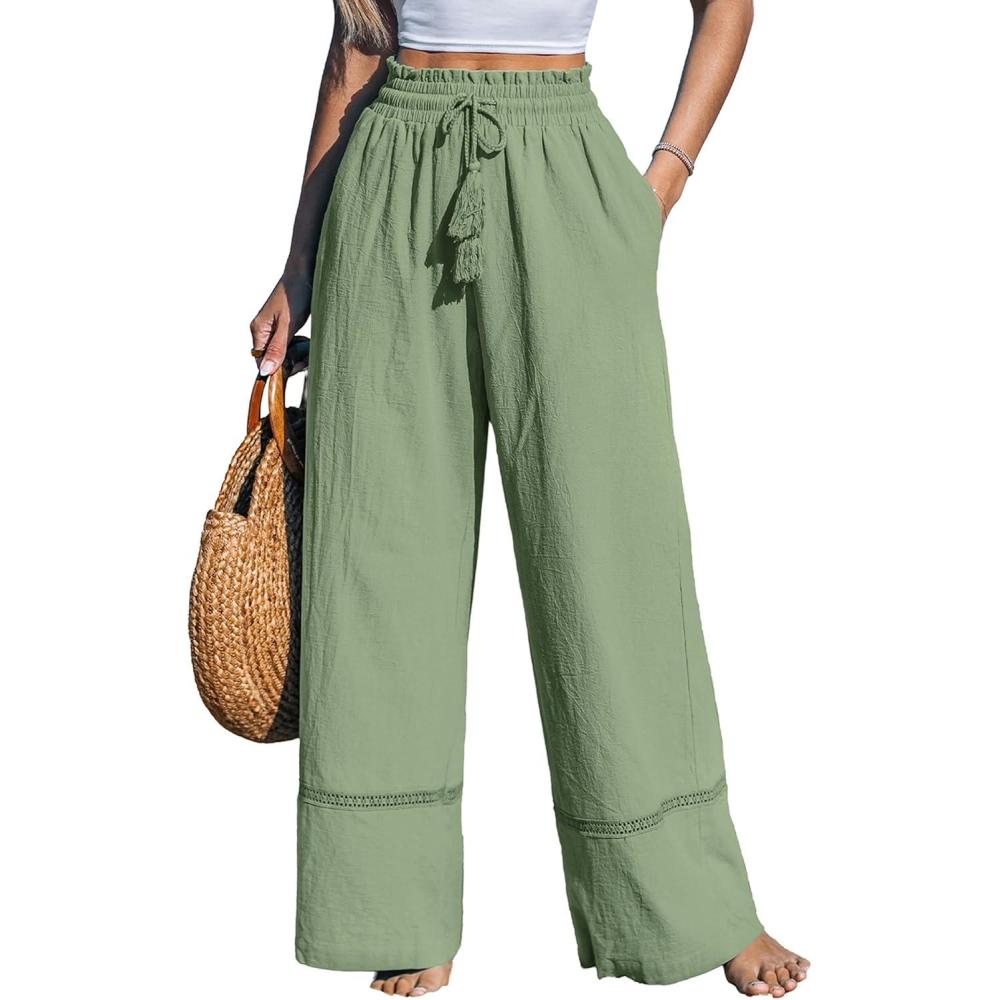 imageCUPSHE Summer Wide Leg Pants for Women Trendy Tie Waist High Waisted Palazzo Straight Pant with PocketsGreen2