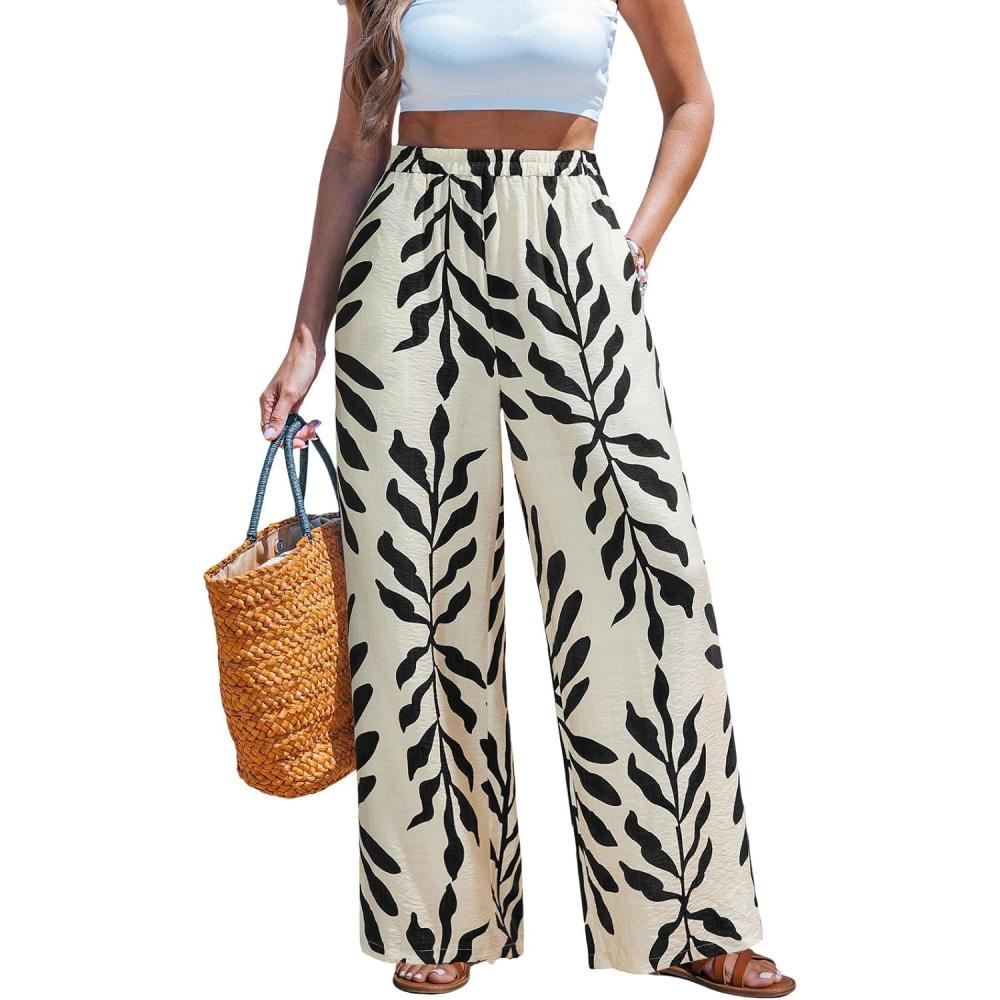 imageCUPSHE Women Wide Leg Beach Pants Tropical Floral Plus Size Pants with Pockets Vacation Casual DressyBeigeleaves