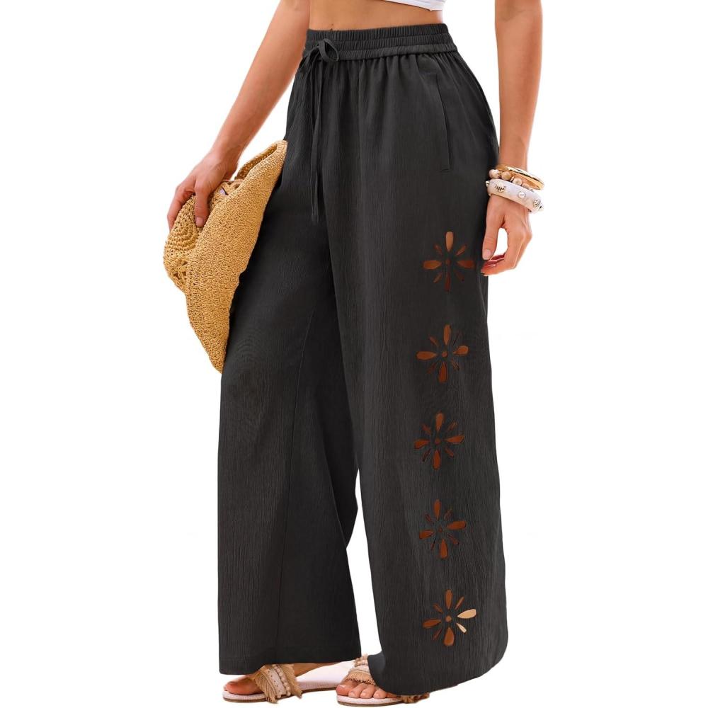 imageCUPSHE Womens Beach Pants Summer Boho Drawstring Elastic Waist Hollow Out Textured Wide Leg Vacation Palazzo PantBlack