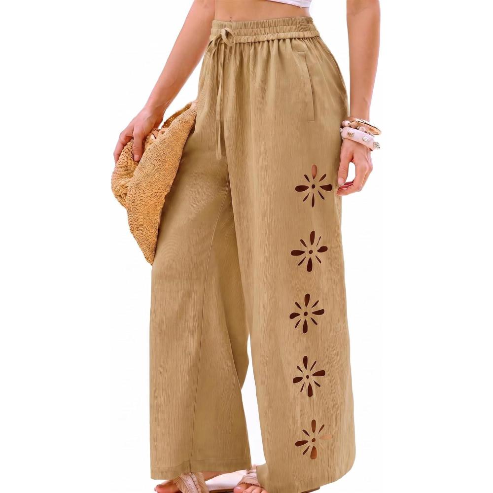 imageCUPSHE Womens Beach Pants Summer Boho Drawstring Elastic Waist Hollow Out Textured Wide Leg Vacation Palazzo PantBrown