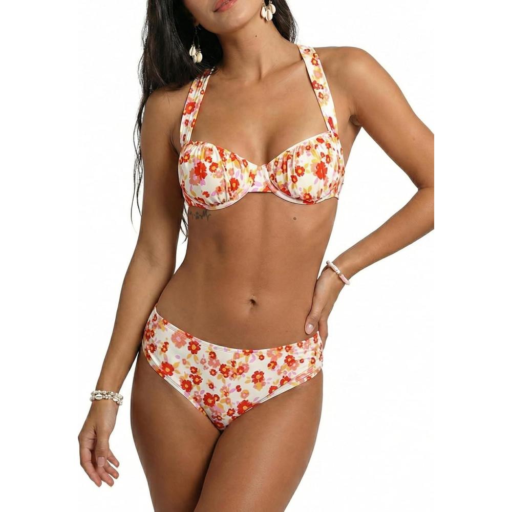 imageCUPSHE Womens Bikini Set Push Up Two Piece Swimsuit Crossback Self Tie Bathing Suit RuchedCreamOrange Floral