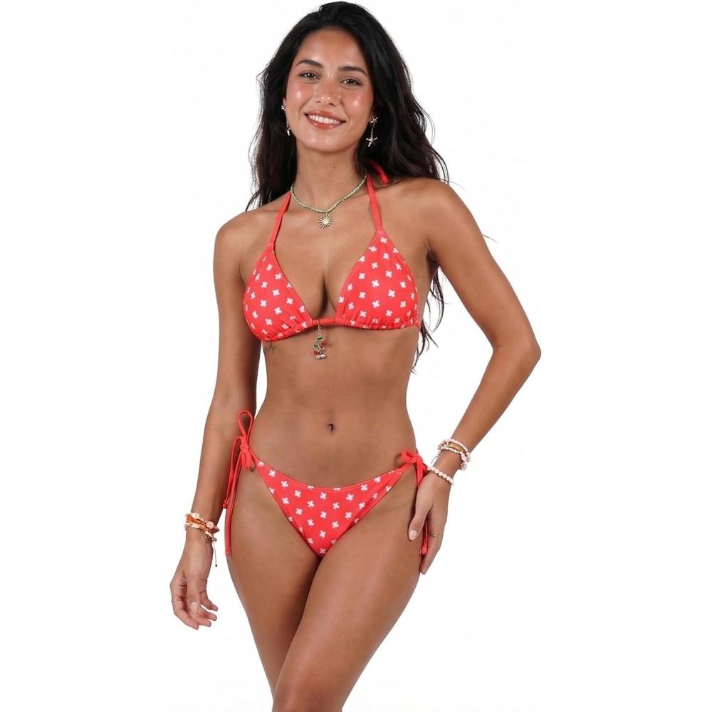 imageCUPSHE Womens Bikini Set Two Piece Swimsuit Halter V Neck Triangle Cup Side Ties Low Rise High Leg Color BlockCherry RedWhite