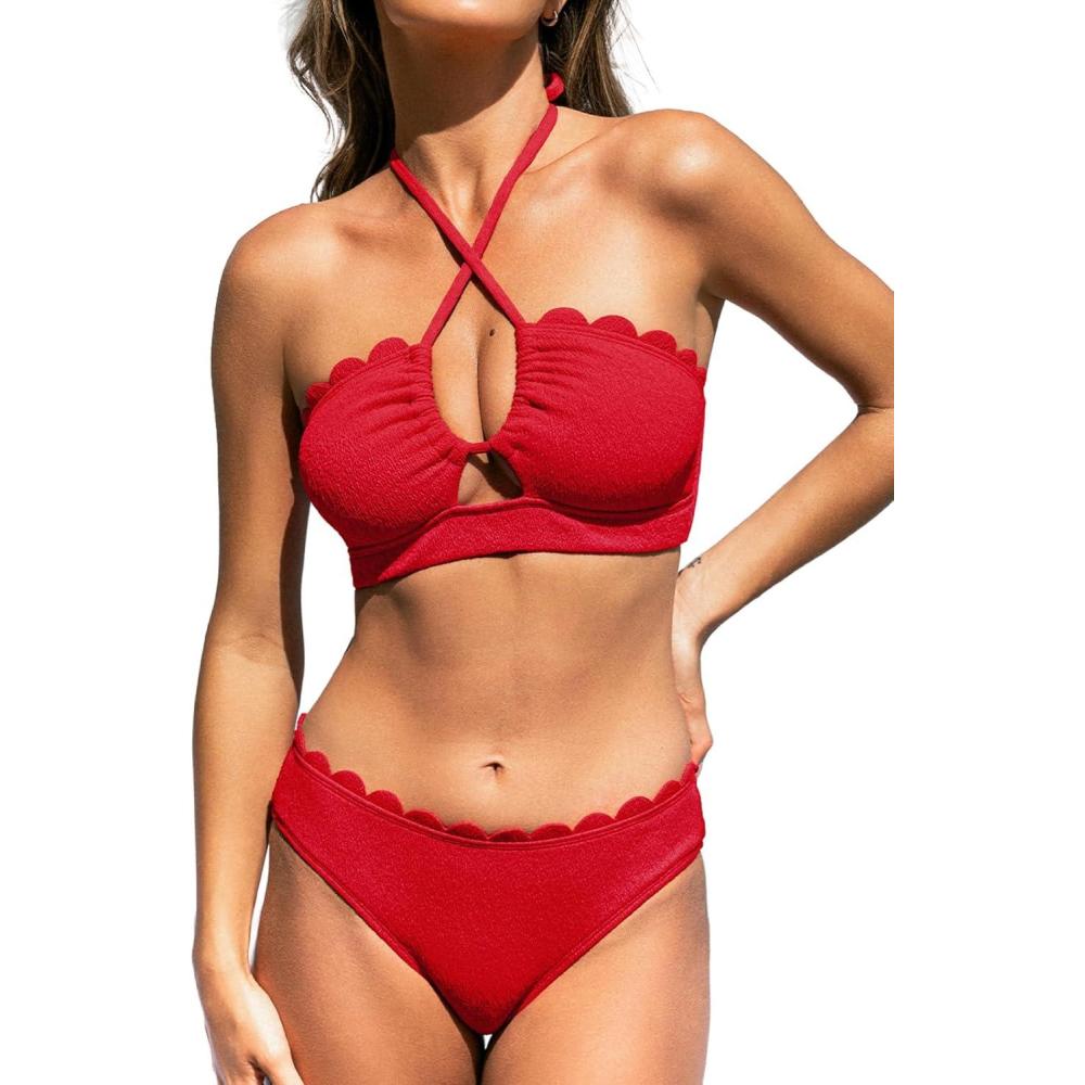 imageCUPSHE Womens Bikini Sets Adjustable Halter Strappy Swimsuit Crisscross Cutout Scalloped Mid RiseRed