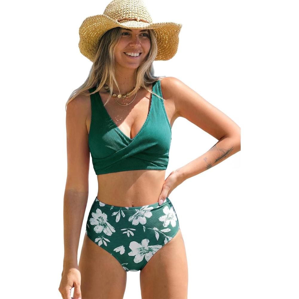 imageCUPSHE Womens Bikini Sets High Waisted Two Piece Swimsuit V Neck Front Wrap Adjustable Straps Ruched Bottom SwimwearDark GreenFloral