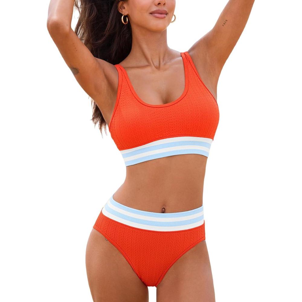 imageCUPSHE Womens Bikini Sets Scoop Neck Adjustable Straps High Waisted Bathing Suit Textured Color Block SportyOrangeBlueWhite