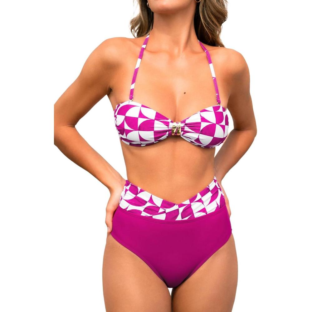 imageCUPSHE Womens Bikini Sets Two Piece Swimsuit High Waisted Bathing Suit Bandeau Top with Removable Halter StrapsPurple RedGeo