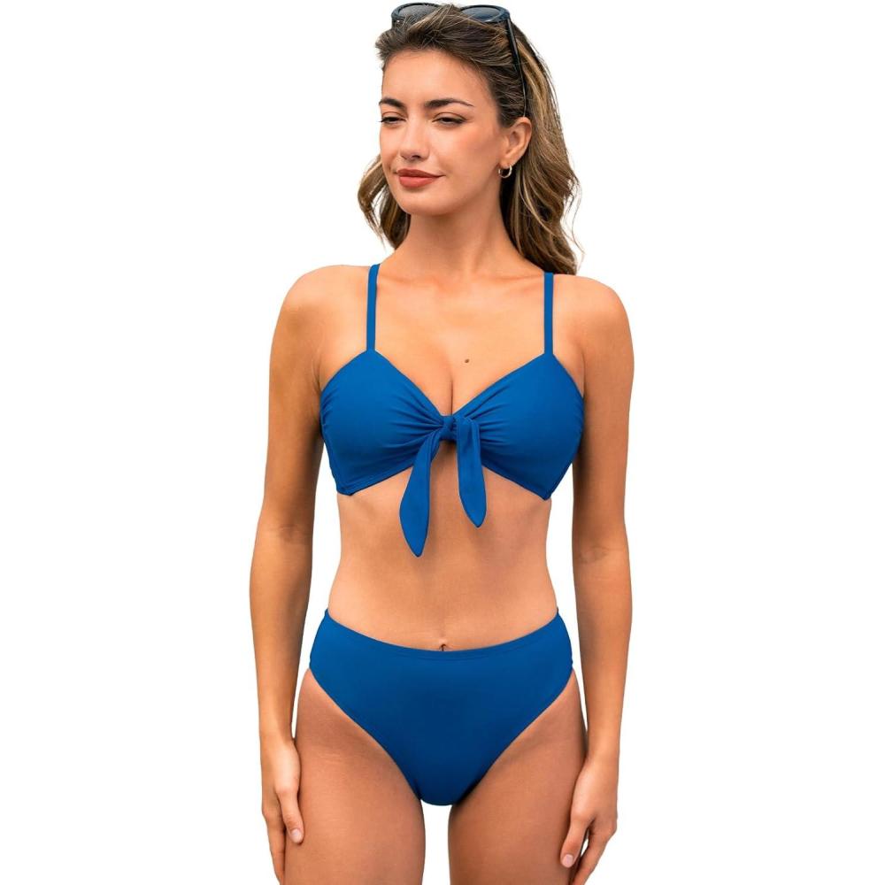 imageCUPSHE Womens Bikini Sets Two Piece Swimsuit High Waisted Bathing Suit Removable Bow Crossback Tie SwimwearRoyal Blue