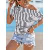 CUPSHE Summer Striped Tops for Women 2026 Short Sleeve Off The Shoulder T Shirt Casual Going Out(Navy)