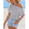 CUPSHE Summer Striped Tops for Women 2026 Short Sleeve Off The Shoulder T Shirt Casual Going Out(Navy)