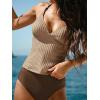 CUPSHE Women Tankini Set Two Piece Swimsuit High Waisted V Neck Texture Halter Back Cut Out Bathing Suits(Brown/Black)