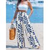 CUPSHE Women Wide Leg Beach Pants Tropical Floral Plus Size Pants with Pockets Vacation Casual Dressy(Blue-leaves)