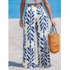 CUPSHE Women Wide Leg Beach Pants Tropical Floral Plus Size Pants with Pockets Vacation Casual Dressy(Blue-leaves)