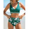 CUPSHE Women’s Bikini Sets High Waisted Two Piece Swimsuit V Neck Front Wrap Adjustable Straps Ruched Bottom Swimwear(Dark Green/Floral)