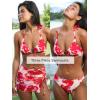 CUPSHE Women’s Bikini Sets Three Piece Swimsuit V Neck Halter Triangle Top Hook Cheeky Mesh Sarong Skirt(Cherry Red/Floral)