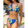 CUPSHE Women’s Bikini Sets Two Piece Swimsuit V Neck Halter Back Self Tie Low Rise Bottom(Blue/Yellow Floral)