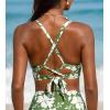 CUPSHE Womens Bikini Top Swimsuit Deep V Neck Top Crisscross Back Tie Shell Stitching Adjustable Straps(White/Blue Floral)