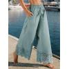 CUPSHE Women’s Lace Trim Wide Leg Pants, Summer High Waist Palazzo Casual Cotton Beach Pants with Pockets(Aqua Blue)