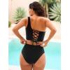 CUPSHE Women’s Tankini Set High Waisted Asymmetrical Neck One Shoulder Crisscross Lace Up Bathing Suit(Black/Yellow Tropical)