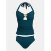 CUPSHE Women’s Tankini Sets Two Piece Swimsuit Ruched Slimming Mid Rise Bathing Suit Cutout Halter Textured(Teal Green)