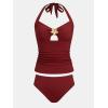 CUPSHE Women’s Tankini Sets Two Piece Swimsuit Ruched Slimming Mid Rise Bathing Suit Cutout Halter Textured(True Red)