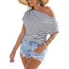 CUPSHE Summer Striped Tops for Women 2026 Short Sleeve Off The Shoulder T Shirt Casual Going Out(Navy)