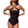 CUPSHE Women Tankini Set Two Piece Swimsuit Cross Neck Metal Decorations Mid Rise Back Hook Cut Out Bathing Suits(Black)