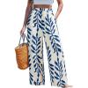 CUPSHE Women Wide Leg Beach Pants Tropical Floral Plus Size Pants with Pockets Vacation Casual Dressy(Blue-leaves)