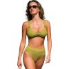 CUPSHE Women’s Bikini Set High Waisted V Neck Two Piece Swimsuit Back Hook Adjustable Straps Button Bathing Suit(Green Yellow)