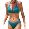 CUPSHE Women’s Bikini Set Two Piece Swimsuit Halter V Neck Bathing Suit Back Self Tie Drawstring Jacquard Textured(Teal Blue)