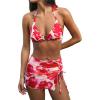CUPSHE Women’s Bikini Sets Three Piece Swimsuit V Neck Halter Triangle Top Hook Cheeky Mesh Sarong Skirt(Cherry Red/Floral)