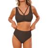 CUPSHE Women’s Bikini Sets Two Piece Swimsuit High Waisted Bathing Suit Scoop Neck Drawstring Textured(Chocolate Brown)
