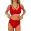 CUPSHE Women’s Bikini Sets Two Piece Swimsuit High Waisted Bathing Suit Scoop Neck Drawstring Textured(True Red)