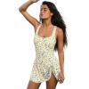 CUPSHE Women’s One Piece Swimsuit Bathing Suit Scoop Neck Swimdress Wide Straps Tie Knot Swim Skirt(Yellow/Blue Floral)