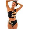 CUPSHE Women’s Tankini Set High Waisted Asymmetrical Neck One Shoulder Crisscross Lace Up Bathing Suit(Black/Yellow Tropical)