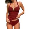 CUPSHE Women’s Tankini Sets Two Piece Swimsuit Ruched Slimming Mid Rise Bathing Suit Cutout Halter Textured(True Red)