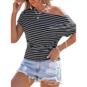 CUPSHE Summer Striped Tops for Women 2026 Short Sleeve Off The Shoulder T Shirt Casual Going Out(Black)