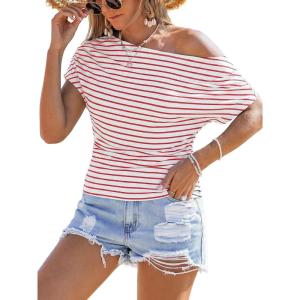 CUPSHE Summer Striped Tops for Women 2026 Short Sleeve Off The Shoulder T Shirt Casual Going Out(Red)