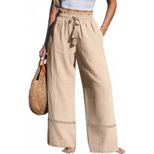 CUPSHE Summer Wide Leg Pants for Women Trendy Tie Waist High Waisted Palazzo Straight Pant with Pockets(Beige)