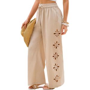 CUPSHE Womens Beach Pants Summer Boho Drawstring Elastic Waist Hollow Out Textured Wide Leg Vacation Palazzo Pant(Beige)