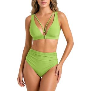 CUPSHE Women’s Bikini Set High Waisted Two Piece Swimsuit V Neck Triangle Bathing Suit Back Hook Full Coverage Swimwear(Lime Green)
