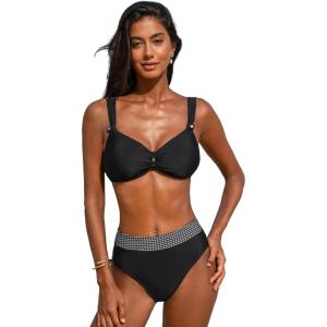 CUPSHE Women’s Bikini Set High Waisted V Neck Two Piece Swimsuit Back Hook Adjustable Straps Button Bathing Suit(Black)
