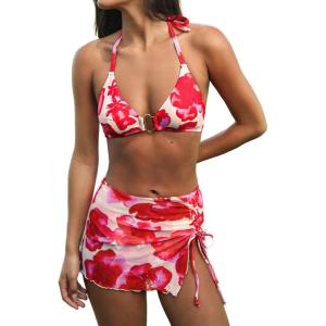 CUPSHE Women’s Bikini Sets Three Piece Swimsuit V Neck Halter Triangle Top Hook Cheeky Mesh Sarong Skirt(Cherry Red/Floral)